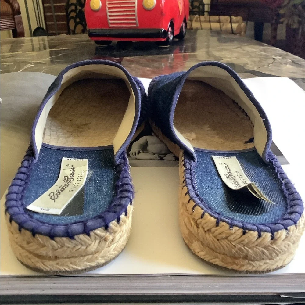 Eddie Bauer dark wash cotton denim espadrille jute heels slides size 9
